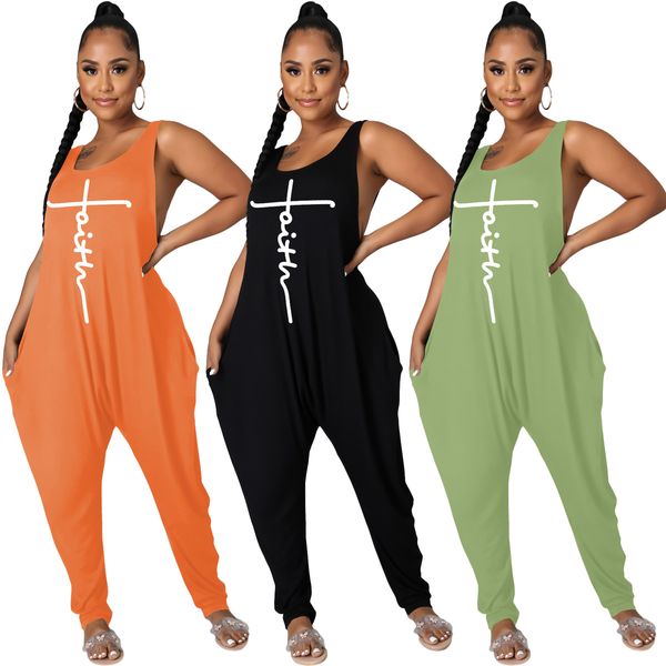 sell letter print romper for women solid color sleeveless loose one piece jumpsuit with pocket jp1067, Black;white